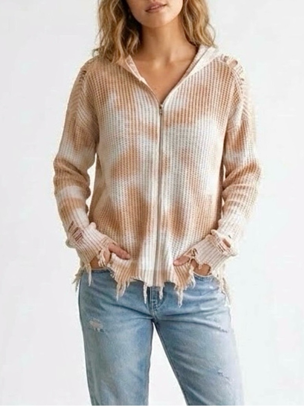Elan Waffle Knit Hoodie Beige Tie Dye Frayed Hem Full Zip Y2K Festival Boho Sz L